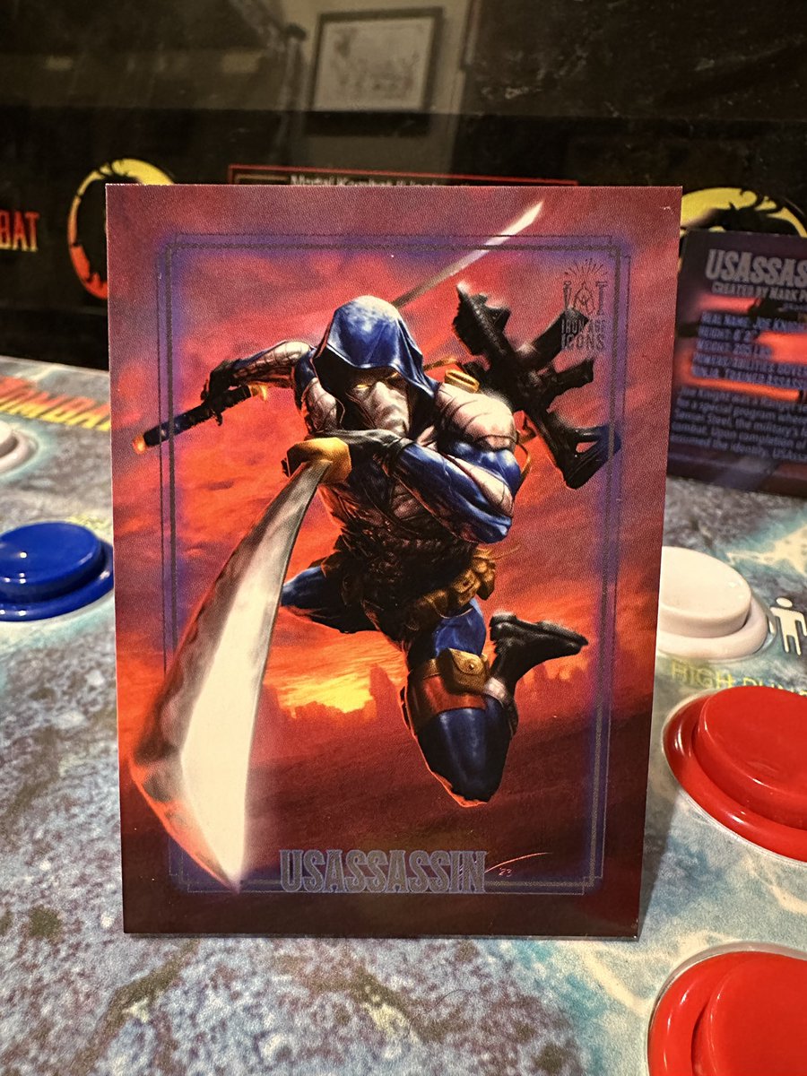 AdamMillerDraws's tweet image. Card #6 for the set is USAssassin! One of the coolest designs of ALL TIME imo. I had a blast painting this one with the pose, foreshortening the sword, colors, and the design of course. And I’m looking forward to getting the action figure in my hands when they become available!!