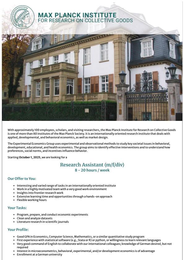 eeg_mpi's tweet image. We're hiring! 🚨The Experimental Economics Group at the Max Planck Institute for Research on Collective Goods (Bonn) is looking for new Research Assistants (m/f/div) to join our team starting October 1, 2025. Read more here: career.coll.mpg.de/en/jobposting/…
