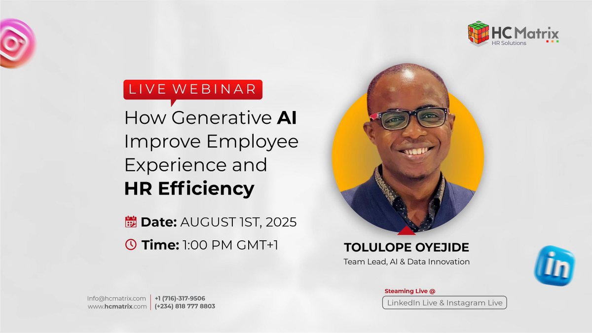 HCMatrix1's tweet image. Imagine smoother HR, empowered teams &amp;amp; smarter workflows.

Join our webinar on How Generative AI Improves Employee Experience &amp;amp; HR Efficiency

🗓 Aug 1 | 🕐 1PM GMT+1
🎙 Tolulope Oyedije
Register now 👉 lu.ma/lckutk1x

#AI #HR #HCMatrix #Webinar