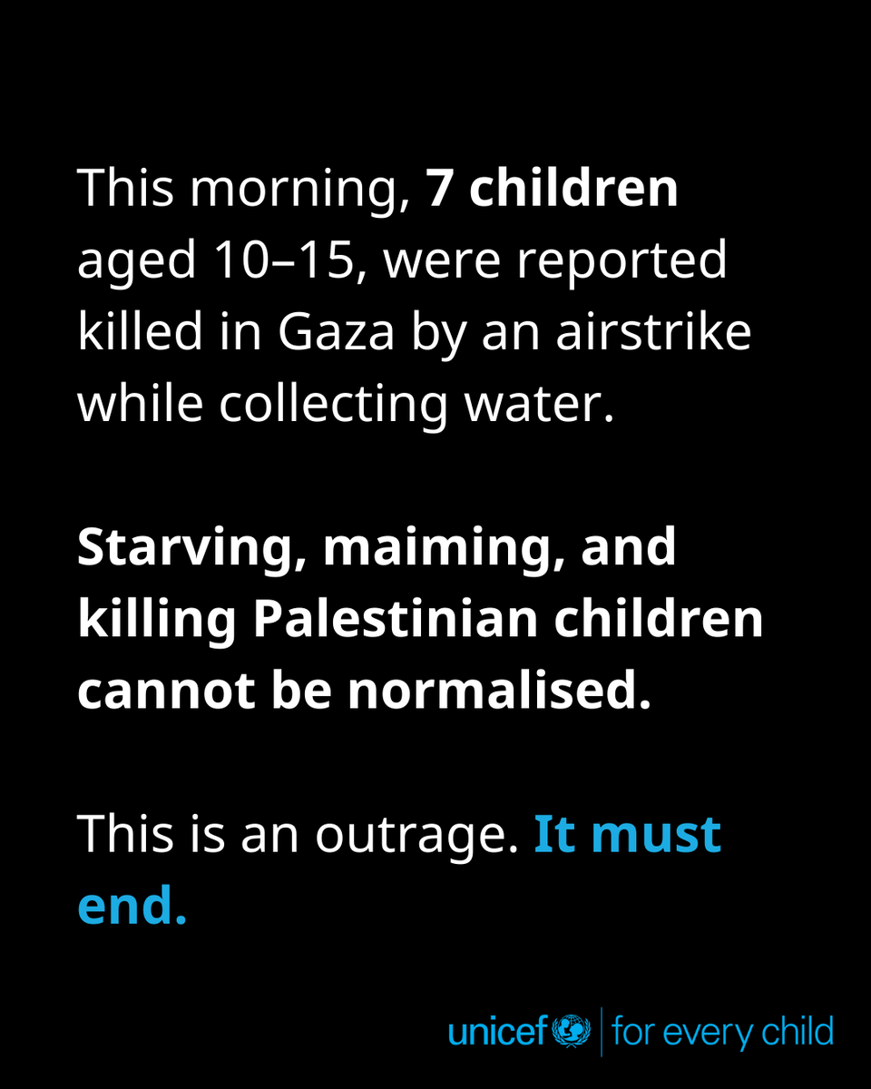 Last Thursday 9 children killed while waiting for nutrition supplies. Today 7 children killed waiting for water. 

When will the senseless killing of children in #Gaza end?