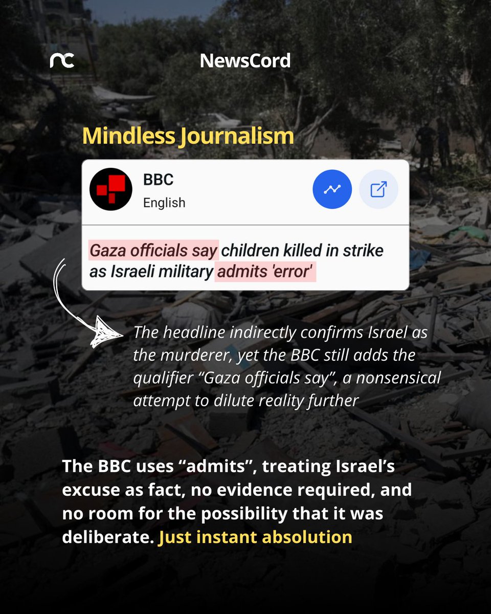 Western outlets immediately prioritise "Israel admits mistake" over the news itself: that, horrifyingly, Israel massacred people, including 6 children, simply trying to access water.

The term "admits" is instant absolution, treating Israel's unfounded excuse as fact.
