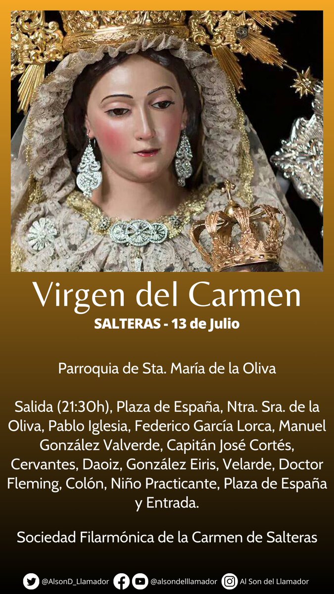Al Son del Llamador (@alsondllamador) on Twitter photo 🔴 A partir de las 21:30h, saldrá la Virgen del Carmen de Salteras, acompañada por su banda de <a href="/CarmenDSalteras/">El Carmen de Salteras</a>.
#AljarafeCofrade #TDSCofrade #GloriasSevilla25 🔴 A partir de las 21:30h, saldrá la Virgen del Carmen de Salteras, acompañada por su banda de <a href="/CarmenDSalteras/">El Carmen de Salteras</a>.
#AljarafeCofrade #TDSCofrade #GloriasSevilla25
