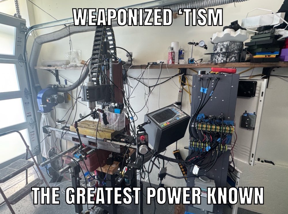 digitalspaz's tweet image. Making your own CNC mill to cut 7060 aluminum is not for the casual hobbyist.
But it is for those who like knowing everything about everything and want to needlessly fret over tiny little details.
Weaponized ‘Tism is the greatest power known to humanity.
