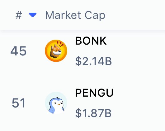 cloudz's tweet image. NOW: THE TOP SOLANA MEMECOINS $BONK &amp;amp; $PENGU HAVE REACHED THE TOP 50 RANKING BY TOTAL MARKET CAP