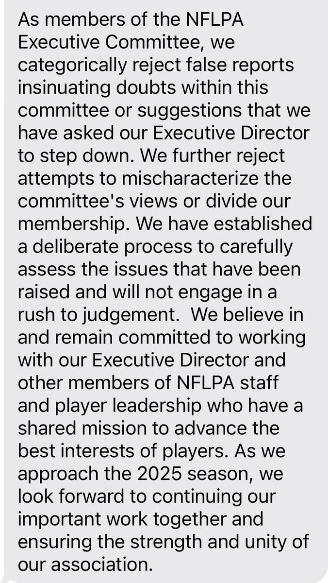 The NFLPA Executive Committee sent a message to the full player membership today, expressing support for executive director Lloyd Howell.

Here’s the full letter, obtained by NFL Network: