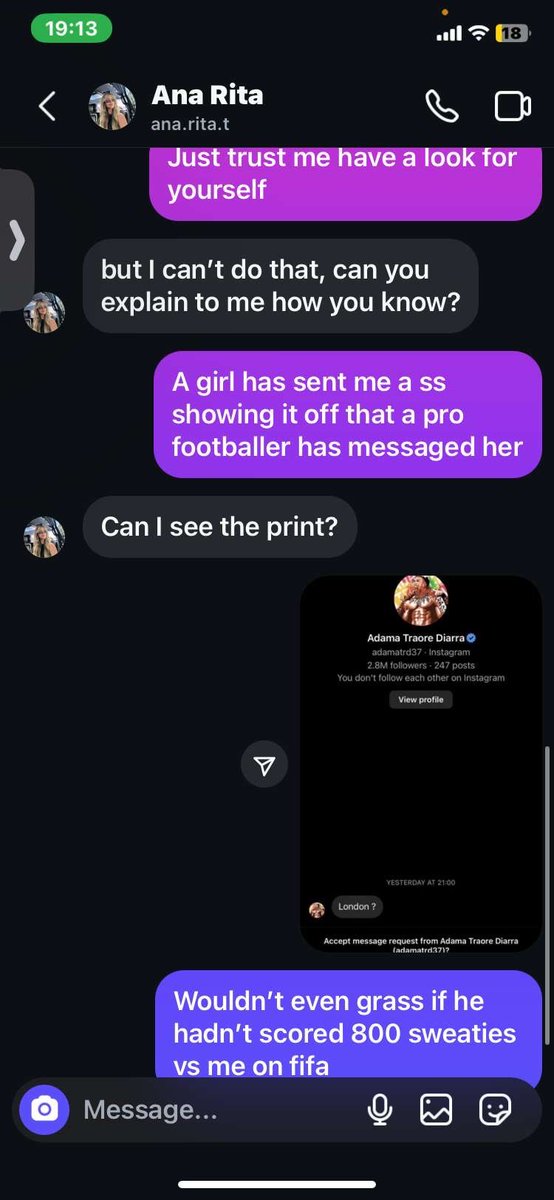 Adama traore has messaged bird my pals seeing, not gone down too well 😂😂