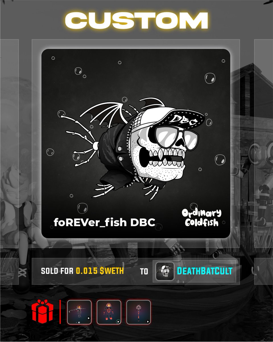 Ordinary Goldfish | NFT (@ordnrygoldfish) on Twitter photo Custom Sold 🎨🚨
Big thanks to <a href="/_DeathBatCult_/">💀 DeathBatCult</a> for picking up this custom piece – foREVer_fish DBC 🦴💀
🎁Enjoy the exclusive 3D bonuses . Appreciate the support! 🙌🔥 Custom Sold 🎨🚨
Big thanks to <a href="/_DeathBatCult_/">💀 DeathBatCult</a> for picking up this custom piece – foREVer_fish DBC 🦴💀
🎁Enjoy the exclusive 3D bonuses . Appreciate the support! 🙌🔥