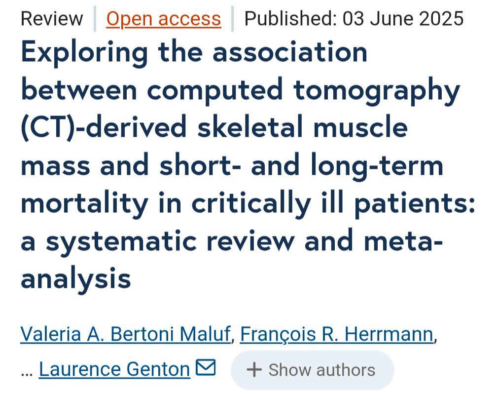 Anesthesia Camp (@anesthesiacamp) on Twitter photo Low muscle πͺπΎ (sarcopenia) more than doubles mortality β°οΈππ₯ in patients in the ICU. Or, another reason I do resistance training ππΎββοΈand make sure to get adequate protein π₯©ππ¦.
ccforum.biomedcentral.com/articles/10.11β¦
(42% of patients had low muscle mass)
ππΎ<a href="/Paul_Wischmeyer/">Paul Wischmeyer MD</a> for posting Low muscle πͺπΎ (sarcopenia) more than doubles mortality β°οΈππ₯ in patients in the ICU. Or, another reason I do resistance training ππΎββοΈand make sure to get adequate protein π₯©ππ¦.
ccforum.biomedcentral.com/articles/10.11β¦
(42% of patients had low muscle mass)
ππΎ<a href="/Paul_Wischmeyer/">Paul Wischmeyer MD</a> for posting