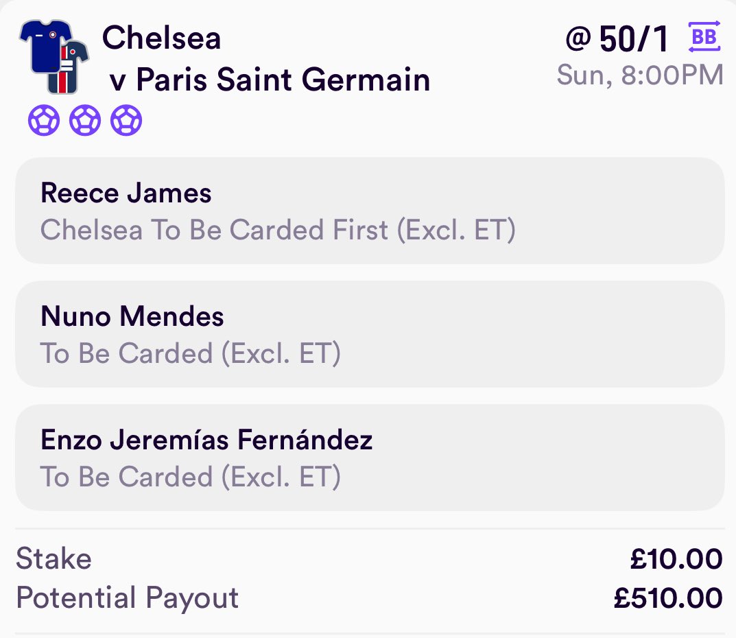 50/1 DABBLE SPECIAL 🟨

Reece James FIRST Card 🟨
Mendes ANYTIME Card 🟨
Fernandez ANYTIME Card 🟨

Markets ONLY with Dabble ✅

And get £10 COMPLETELY FREE to back it below👇

bit.ly/DabbleFree10

Be sure to follow us on there, TheCardsTipster 🤝

18+ begambleaware.org