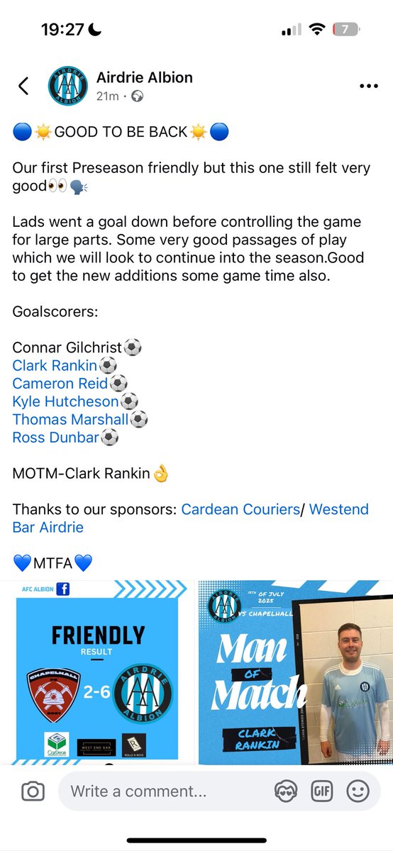 Airdrie Albion (@airdrie_albion) on Twitter photo 🔵☀️GOOD TO BE BACK☀️🔵
Our first Preseason friendly against Chapelhall, this one still felt very good🗣️👀
Goalscorers:
<a href="/connarG0/">Connar Gilchrist</a> ⚽️
<a href="/ClarkRankin/">Clark rankin</a> ⚽️
Cameron Reid⚽️
Kyle Hutchison⚽️
Thomas Marshall⚽️
<a href="/rossdunbar7/">RossDunbar7</a> ⚽️
MOTM-Clark Rankin👌
💙MTFA💙 🔵☀️GOOD TO BE BACK☀️🔵
Our first Preseason friendly against Chapelhall, this one still felt very good🗣️👀
Goalscorers:
<a href="/connarG0/">Connar Gilchrist</a> ⚽️
<a href="/ClarkRankin/">Clark rankin</a> ⚽️
Cameron Reid⚽️
Kyle Hutchison⚽️
Thomas Marshall⚽️
<a href="/rossdunbar7/">RossDunbar7</a> ⚽️
MOTM-Clark Rankin👌
💙MTFA💙