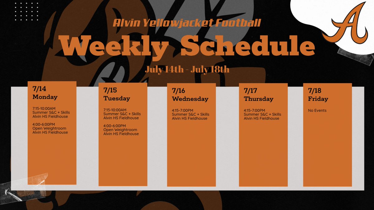 This week's schedule - note that WED &amp; THURS workouts will start at 4:15PM and go until 7:00 due to AISD Athletics professional development sessions. Let's make this last week a great one, JACKETS!