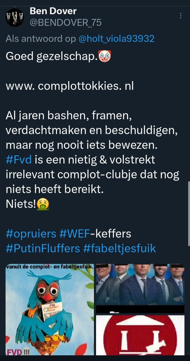 BENDOVER_75's tweet photo. @wilditevenkwijt @ViolaHolt1949 Ik dus ook.
Terwijl ik juist zo super vriendelijk en mild was om niet mijn mening over #ViolaHolt , nl, "bejaarde geranium-tokkie", te geven, maar uitsluitend #bralnar #Baudet, #Gideon, #bralRalf, #Peppie &amp; #Freek als #fvd-#complottokkies te bestempelen.

Stank voor dank!🤮
/s
👇 https://t.co/uZuminkMpA