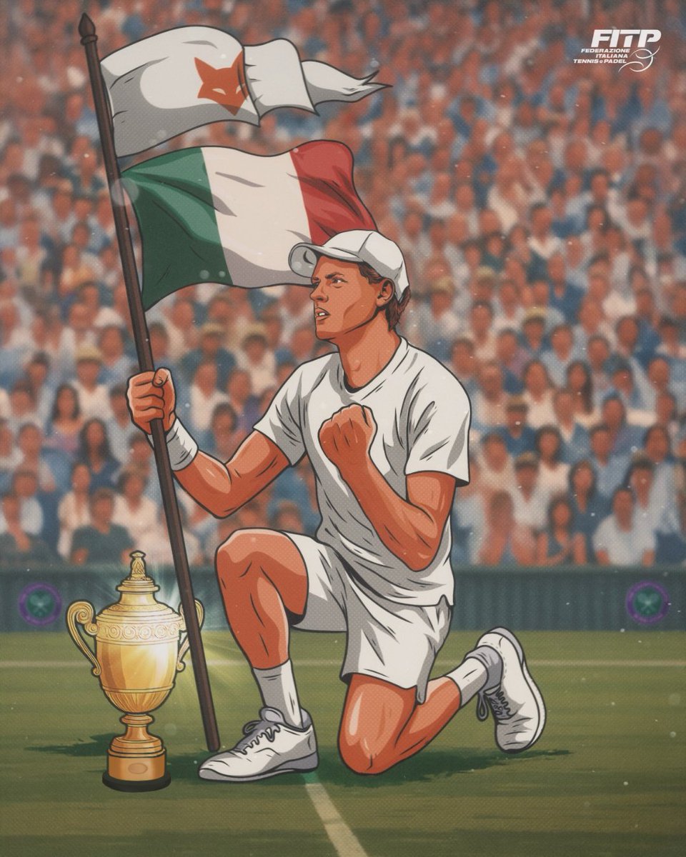 federtennis's tweet image. Di bandiere ultimamente ne abbiamo piantate tante. 

Ma come questa, nessuna.

Per la prima volta, un italiano è campione in singolare sull’erba di Wimbledon.

Grazie, Jannik 🇮🇹🦊

#Wimbledon | #Sinner