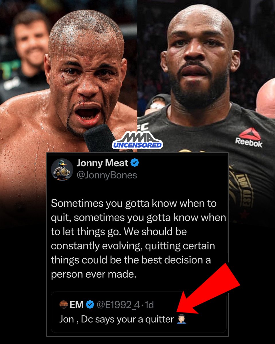 MMA UNCENSORED (@mmauncensored1) on Twitter photo Jon Jones talks about quitting and evolving:
“Sometimes you gotta know when to quit, sometimes you gotta know when to let things go. We should be constantly evolving, quitting certain things could be the best decision a person ever made.”
Via: <a href="/JonnyBones/">Jonny Meat</a> Jon Jones talks about quitting and evolving:
“Sometimes you gotta know when to quit, sometimes you gotta know when to let things go. We should be constantly evolving, quitting certain things could be the best decision a person ever made.”
Via: <a href="/JonnyBones/">Jonny Meat</a>