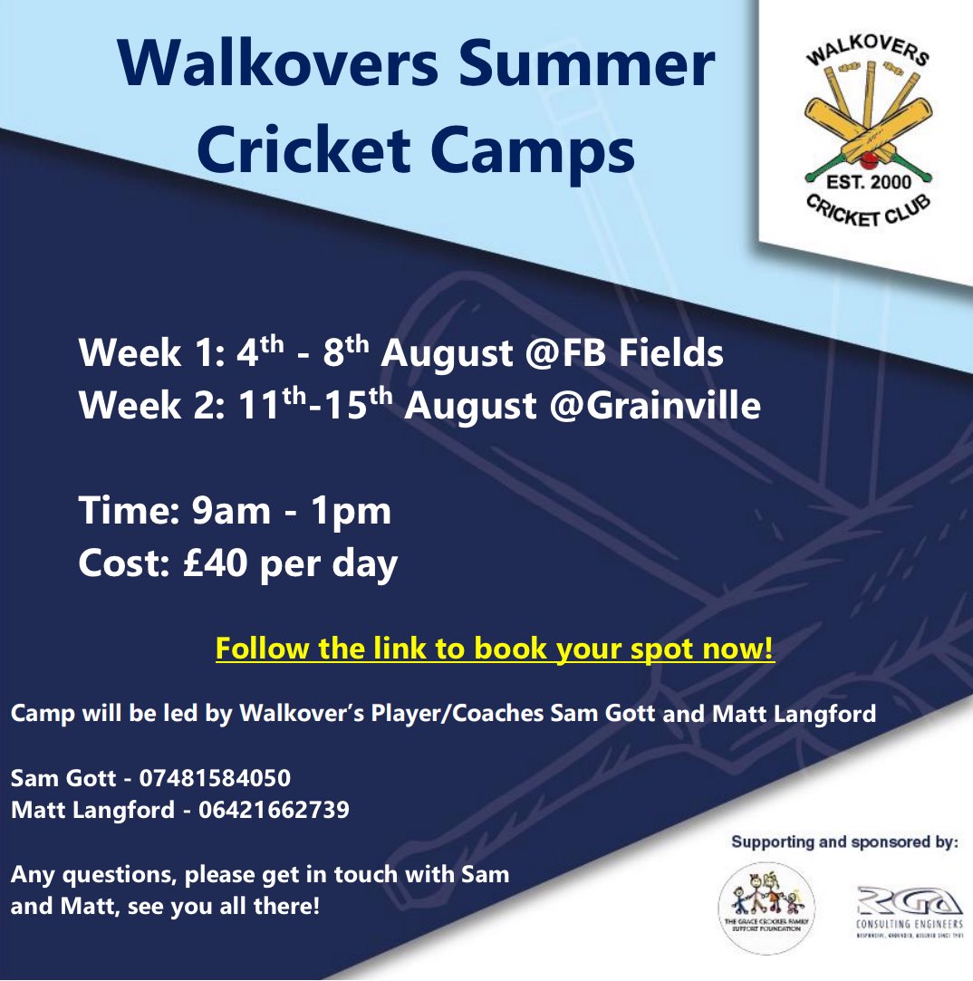 Walkovers Summer Camp 2025. Follow the link below is to sign up. 💙🏏

docs.google.com/forms/d/e/1FAI…