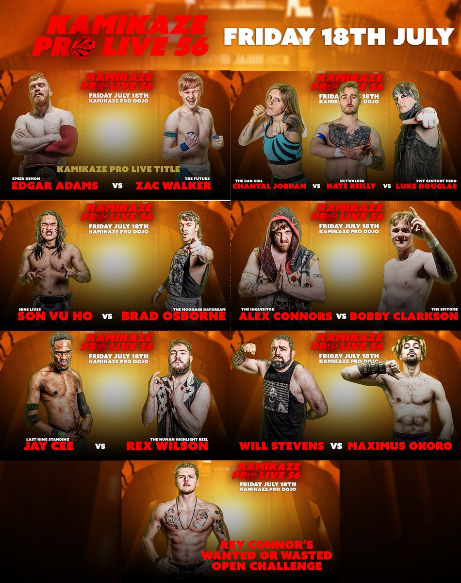 Kamikaze Pro (@kamikazeprouk) on Twitter photo The full card for #KPLive56 this Friday at the Kamikaze Pro Dojo in Birmingham
Kamikaze Pro Live Title
<a href="/EdgarAdamsPW/">Edgar Adams</a> vs <a href="/zac_walker_pw/">Zac Walker</a>
<a href="/chantaljordan_/">𝕮𝖍𝖆𝖓𝖙𝖆𝖑 𝕵𝖔𝖗𝖉𝖆𝖓</a> vs <a href="/NateReillyPW/">Nate Reilly</a> vs <a href="/luke_hero21/">Luke 🙃</a>
Son Vu Ho vs Brad Osborne
Tickets:
ringsideworld.co.uk/events.php?id=… The full card for #KPLive56 this Friday at the Kamikaze Pro Dojo in Birmingham
Kamikaze Pro Live Title
<a href="/EdgarAdamsPW/">Edgar Adams</a> vs <a href="/zac_walker_pw/">Zac Walker</a>
<a href="/chantaljordan_/">𝕮𝖍𝖆𝖓𝖙𝖆𝖑 𝕵𝖔𝖗𝖉𝖆𝖓</a> vs <a href="/NateReillyPW/">Nate Reilly</a> vs <a href="/luke_hero21/">Luke 🙃</a>
Son Vu Ho vs Brad Osborne
Tickets:
ringsideworld.co.uk/events.php?id=…