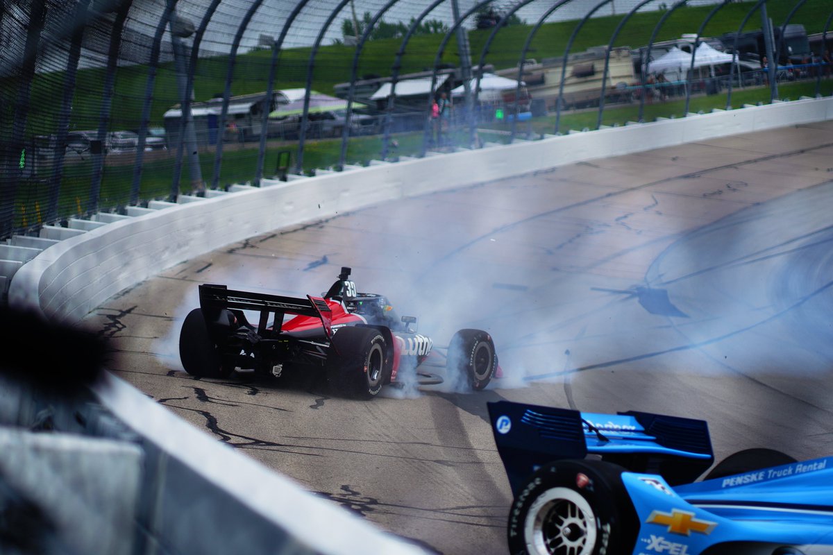 KevinDMotors's tweet image. That was an exciting first incident!

McLaughlin and DeFrancesco spun right towards my position. I got a few final photos as I ducked out of the way.

@jshbutcher and Ian Gibbs seen jumping out of the way in the final photo. All of us were fine.

#IndyCar #IndyCarAtIowa