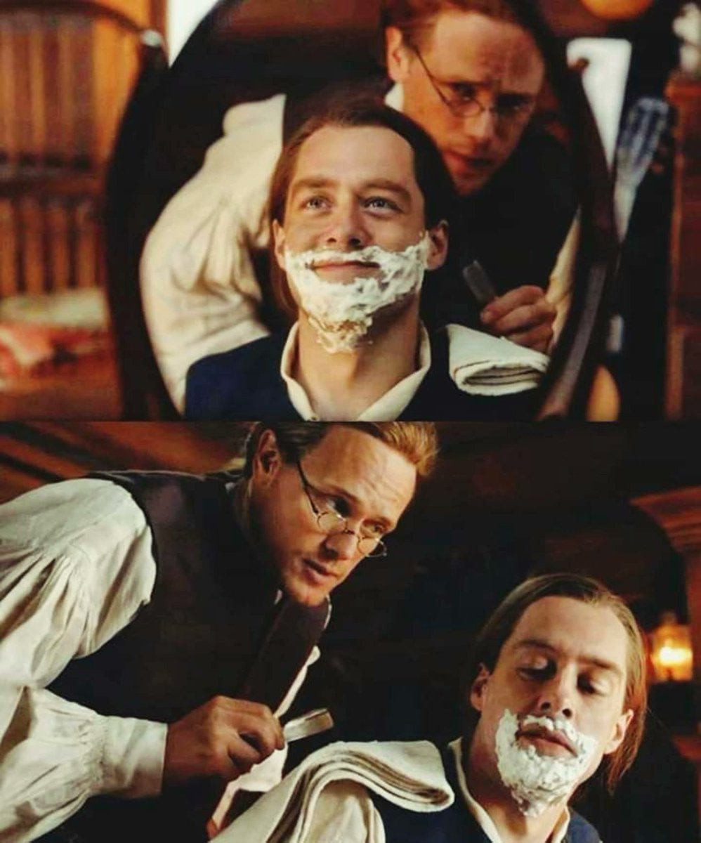 Jamie shaving Roger, cocky and patronizing towards his son in law. In the book Roger HAD cut himself badly, only the marriage happened under different circumstances.   -  <a href="/STARZ/">STARZ</a> #SamHeughan #rikrankin #OLS5
