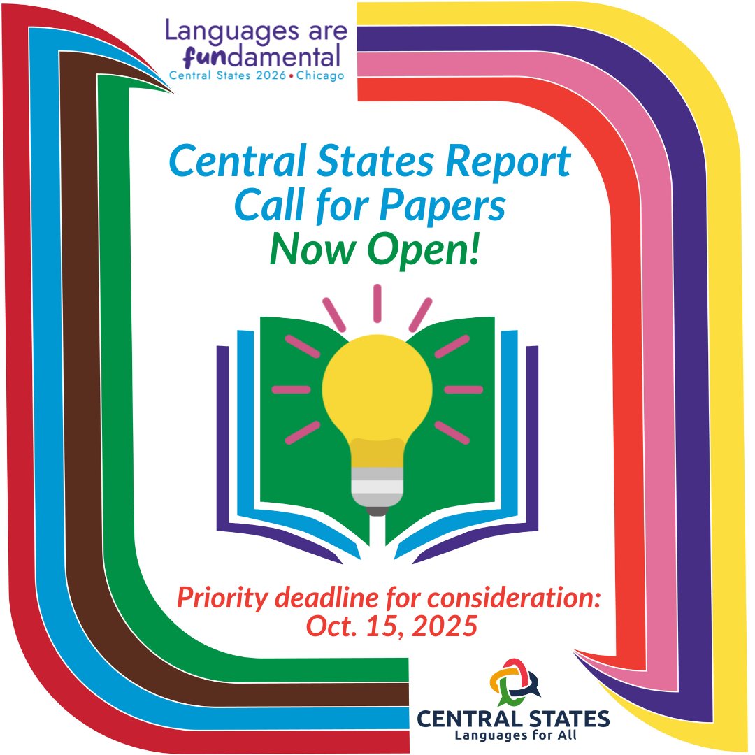 Central States: Languages for All (@cslang4all) on Twitter photo The Central States Report is currently accepting manuscripts for inclusion in our next volume. This is a great journal for new and seasoned researchers to publish their work. More information can be found at csctfl.org/about/central-… and questions can be sent to report@csctfl.org. The Central States Report is currently accepting manuscripts for inclusion in our next volume. This is a great journal for new and seasoned researchers to publish their work. More information can be found at csctfl.org/about/central-… and questions can be sent to report@csctfl.org.