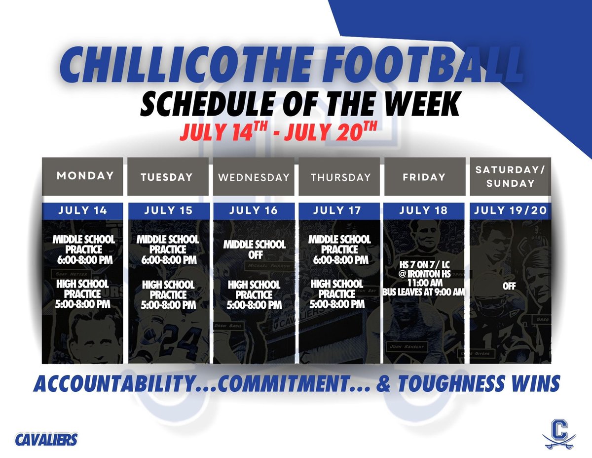 Chillicothe_FB's tweet image. 🚨Schedule and update for the week PLEASE READ‼️

We will travel to @FootballIronton for a 7 on 7 this Friday
- Players report before 8:30 am
- Bus leaves at 9:00 am
- Must wear blackshirts and Blue Chillicothe shorts, and Blue Practice jerseys
- Bring an extra change of clothes