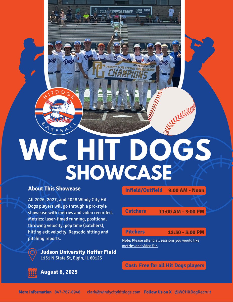 WINDY CITY HIT DOGS SHOWCASE⚾️

All 2026, 2027, and 2028 HS grads in our program for fall ‘25 or summer ‘26 will get metrics and video at no additional cost.

This is the best way to create offseason goals and complement recruiting efforts without extra cost to our families.