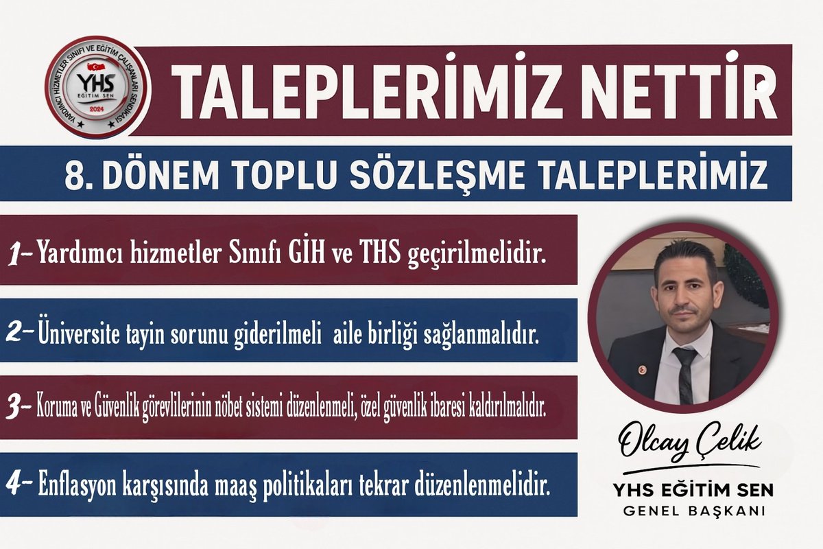 📌 8. Dönem Toplu Sözleşme Taleplerimiz

1️⃣ Yardımcı Hizmetler Sınıfı Kaldırılmalıdır
YHS personeli, eğitim ve görev durumuna göre Genel İdari ve Teknik Hizmetler Sınıfı'na geçirilmelidir.

2️⃣ Üniversitelerde Tayin Sorunu Çözülmelidir
Üniversite personeli için merkezi tayin