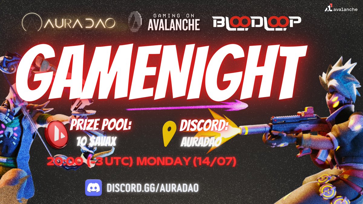 Aura_DAO's tweet image. GAMENIGHT CONFIRMED — BLOODLOOP ⚔️

Ready to bleed for glory?
🗓️ July 14 (Monday)
🕗 8:00 PM (UTC-3)
💰 Prize: 10 $AVAX

Step into the arena of @BloodLoopGAME 
Team up. Fight hard. Win big.
Only the strongest make it out alive 💀

 Powered by @GamingOnAvax &amp;amp; @Avalanche_pt

Join…