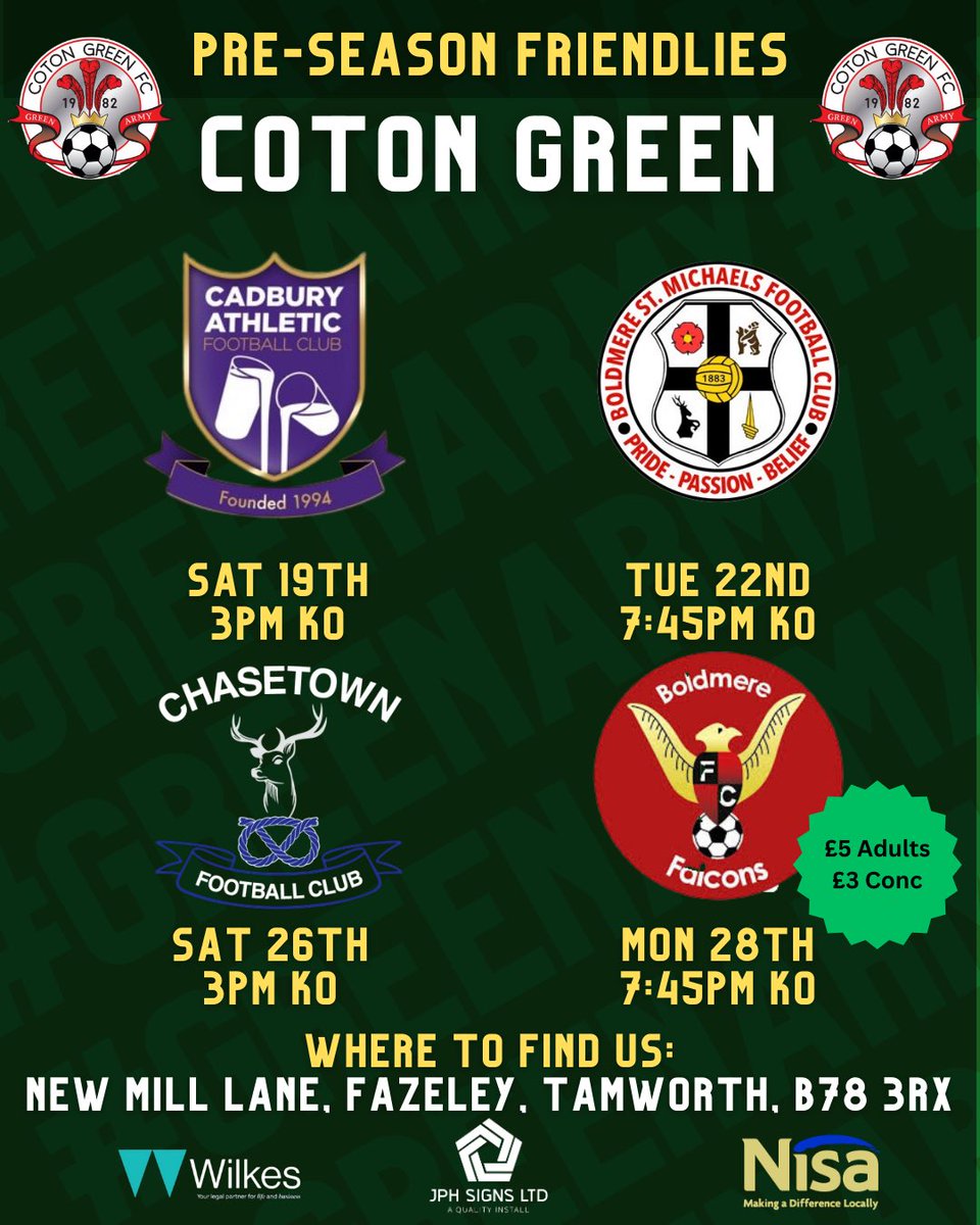 ⚽️ | HOME FRIENDLIES

This Saturday our home pre-season friendlies kick off 🙌🏻

All game as follows ⬇️ 

🏟 New Mill Lane, B78 3RX
💰£5 Adults / £3 Conc

Come done to NML and see the Green Army in action as we prepare for life at Step 5

🟢⚫️🔴

#GreenArmy