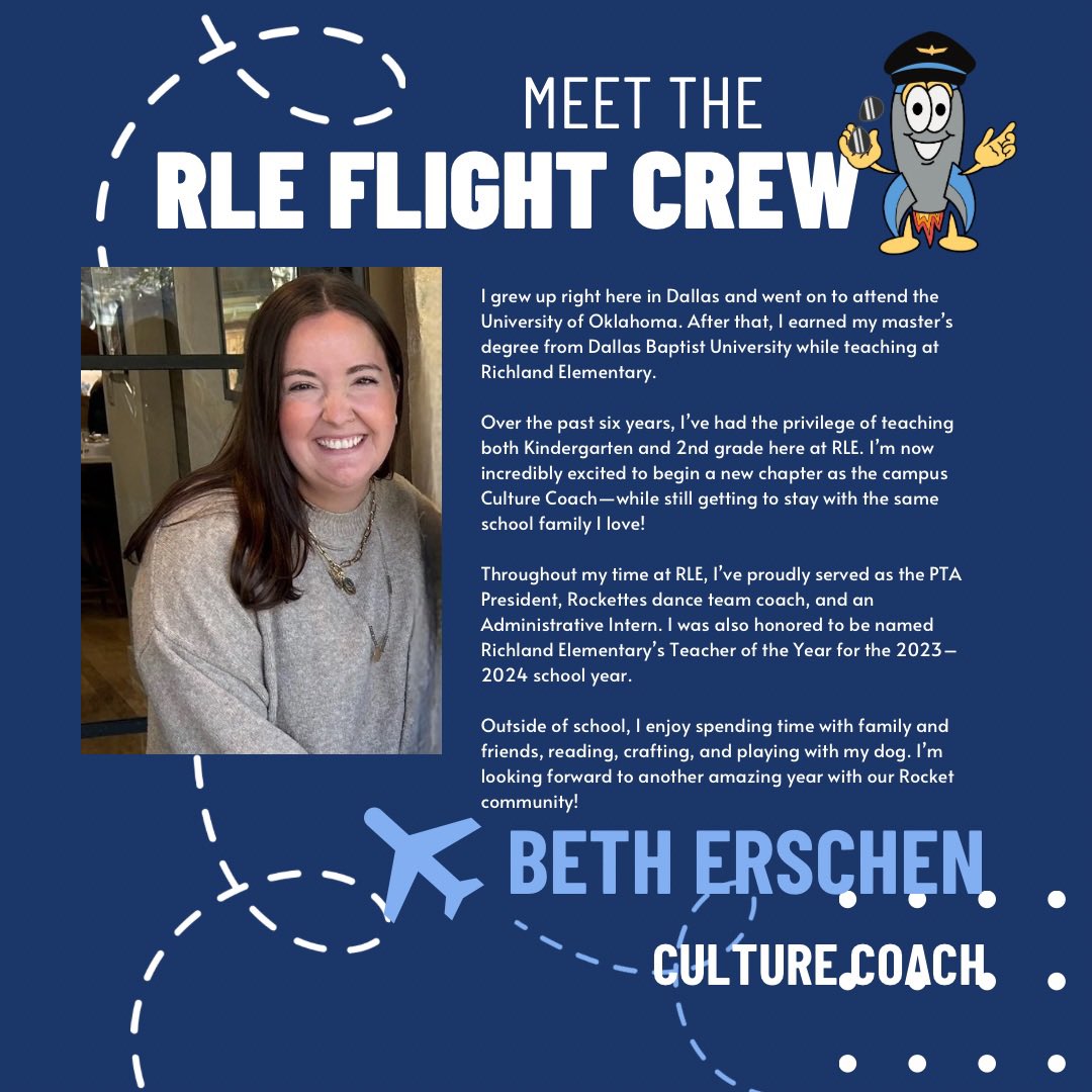Introducing our next amazing Flight Crew member… Beth Erschen! 🚀🌟 Beth is making the move from Kindergarten to become our Culture Coach, and we couldn’t be more excited for her next chapter at RLE! 🎉 Ms. Erschen was our 2023–2024 Teacher of the Year, and now she’s bringing