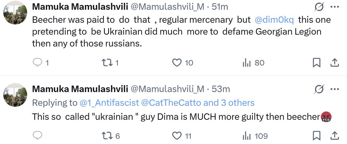 After a GL's bot army filled the replies, Mamuka Mamulashvili went after Dimko directly. 

Is this how a commander behaves?

Mamuka, I know you're following me for some reason. Maybe focus less on humiliating the Ukrainian soldier and more on reporting on millions of donations?