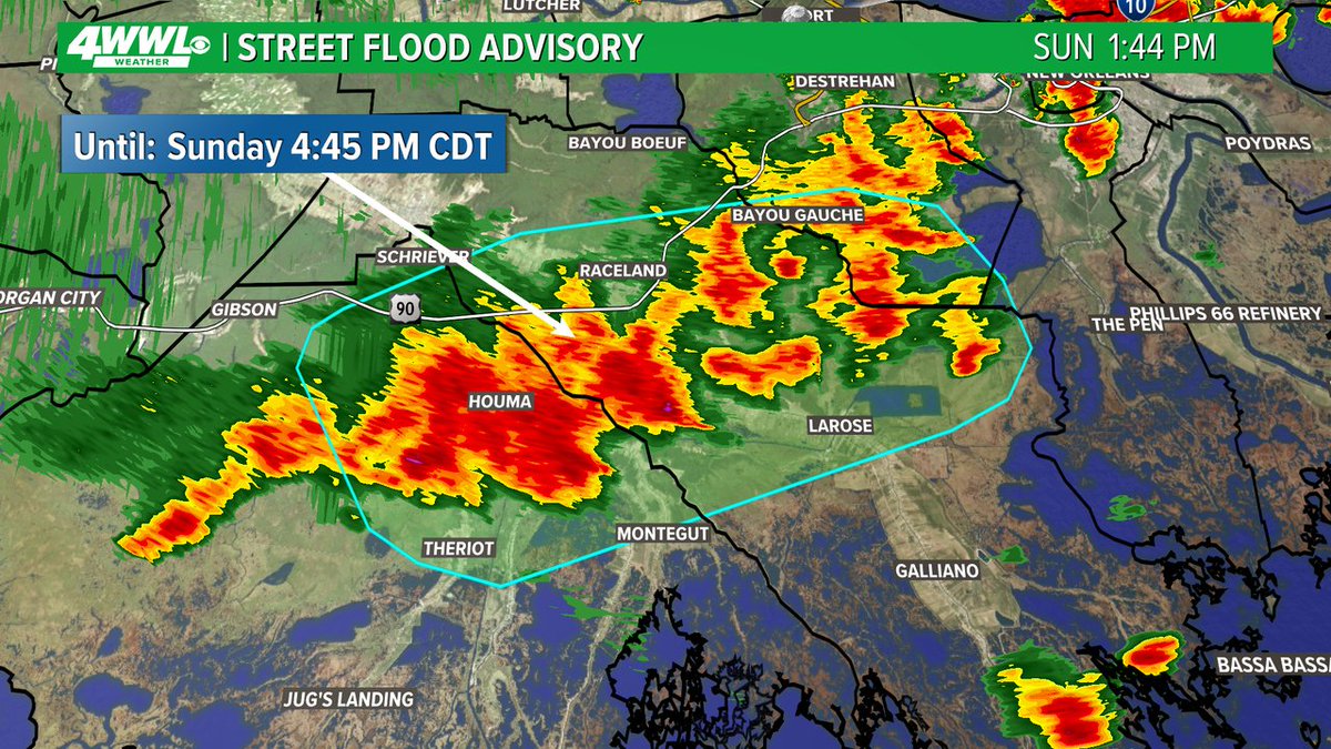 wwltvweather's tweet image. A Street Flood Advisory has been issued for parts of Terrebonne, Lafourche, St. Charles, Jefferson until 7/13 4:45PM. Street flooding is possible in these areas. Don't drive through flooded roads. #BeOn4