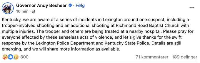 EuropeCognizant's tweet image. Multiple injures reported in Lexington, Ky., after suspect shoots trooper, opens fire at a church.

#Suspect #Shooting #RichmondRoad #BaptistChurch #Lexington #Shooter #Trooper #KYStatePolice #BlueGrassAirport