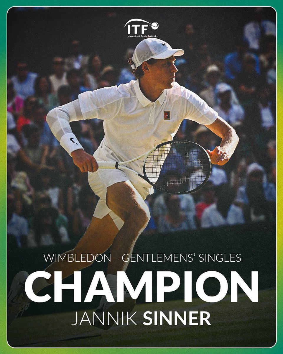 ITFTennis's tweet image. Sinner FINALLY conquers the grass 🏆
World No.1 @janniksin becomes the first Italian to win the Wimbledon Gentlemen’s Singles title 🇮🇹
#wimbledon