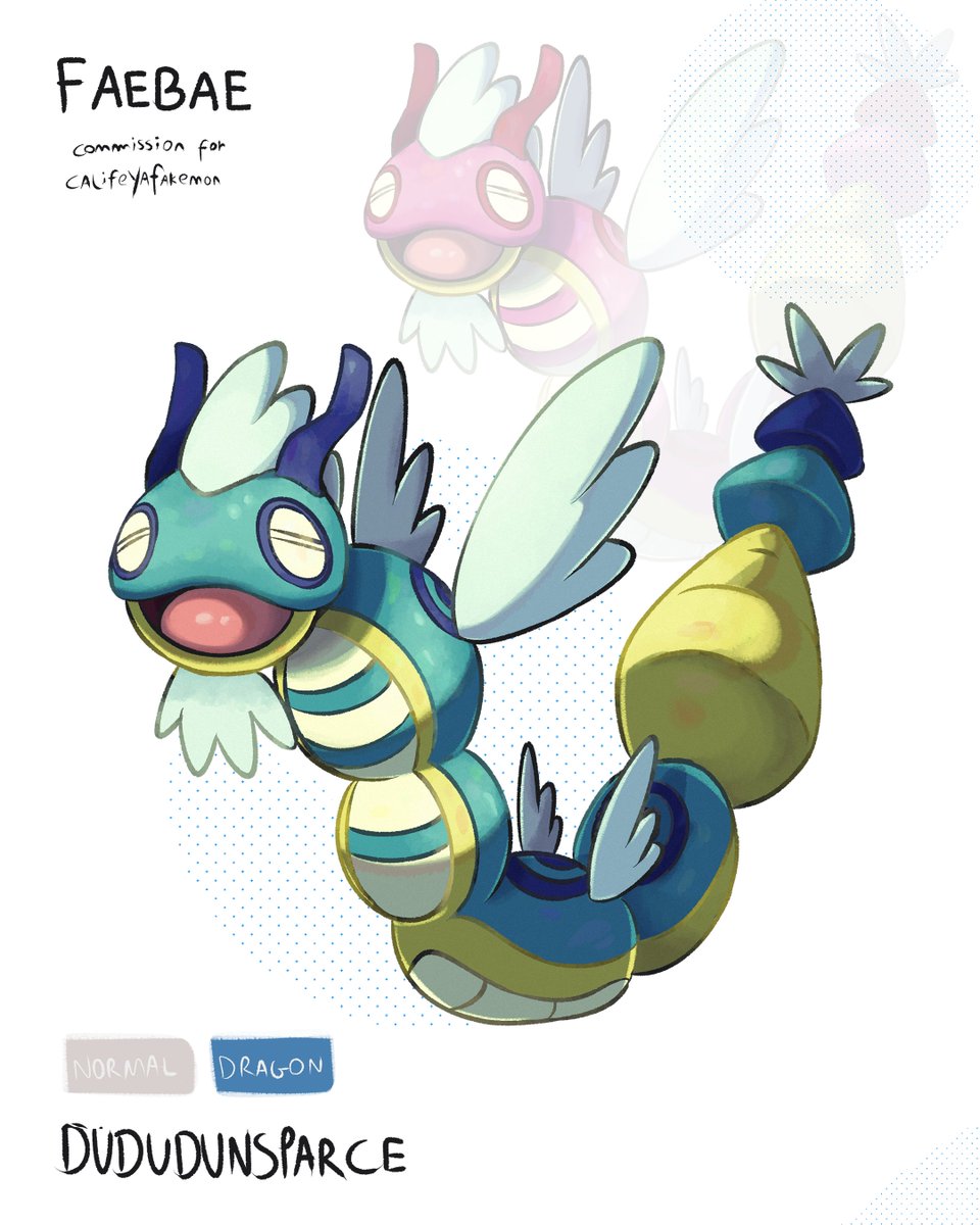 baefakemon's tweet image. Dudunsparce evolution!
This is dududunsparce! A commission i made for califeyafakemon some time ago. it has some inspiration on traditional dragons as well, and just get one more segment. also note how the colors are inverted from the top to bottom.