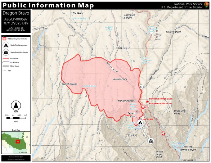 A map titled, "Public Information Map" showing the extent of the Drago Bravo Fire encompassing the southern end of the Bright Angel Peninsula. 