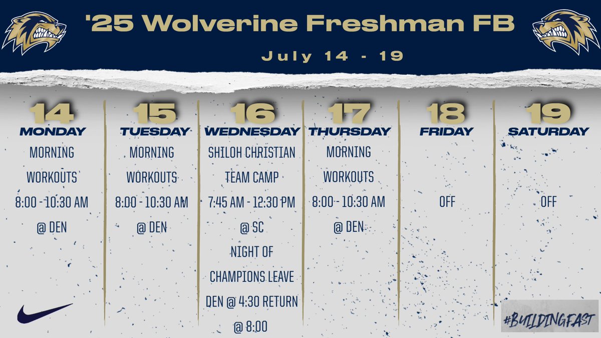 This week's schedule. We have Night of Champions on Wednesday evening. This event is put on by First Baptist Church of Bentonville.