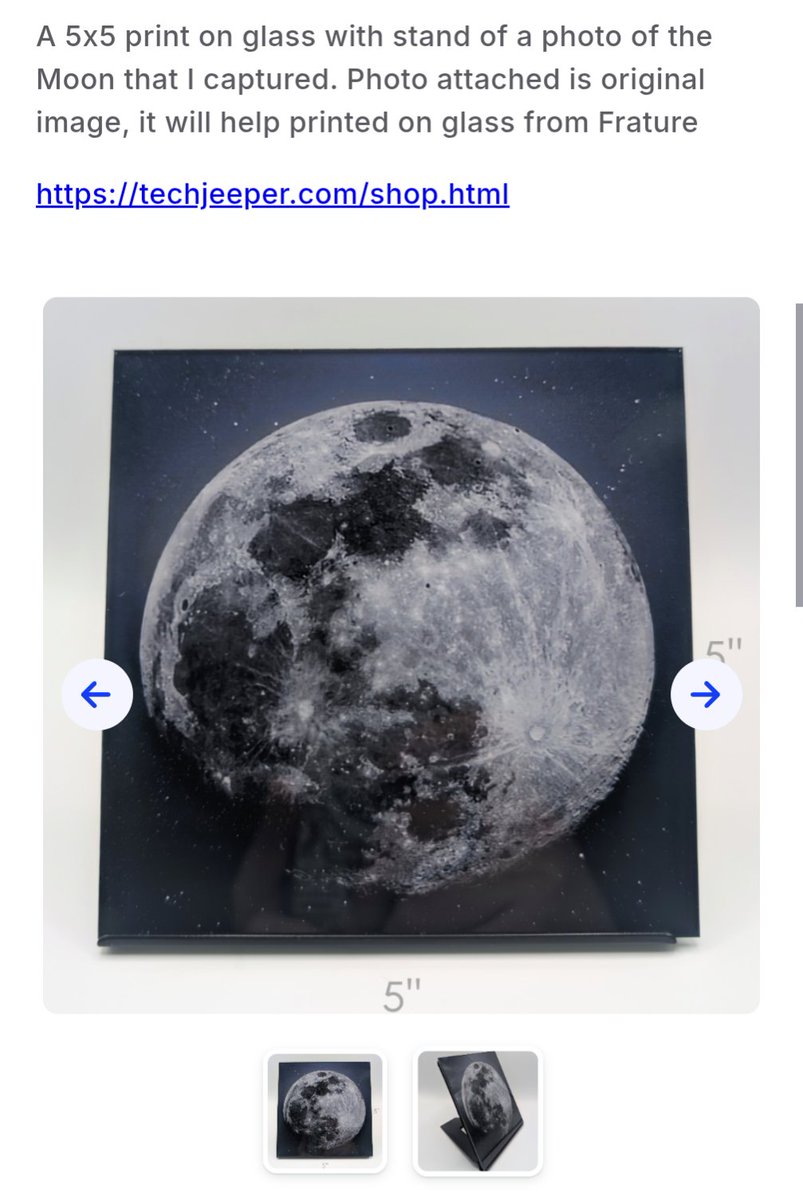 One of my original photos of the moon, printed on glass, is included in the MoCo Makers Charity Auction for St Judes!

tiltify.com/@mocomade/auct…