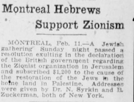 Fadi_S_Ennab's tweet image. &quot;Montreal Hebrews Support Zionism [the colonial Balfour Declaration]... subscribed $1,200 to the cause of the restoration of the Jews in the home land in Palestine&quot; (1918, Winnipeg Tribune)