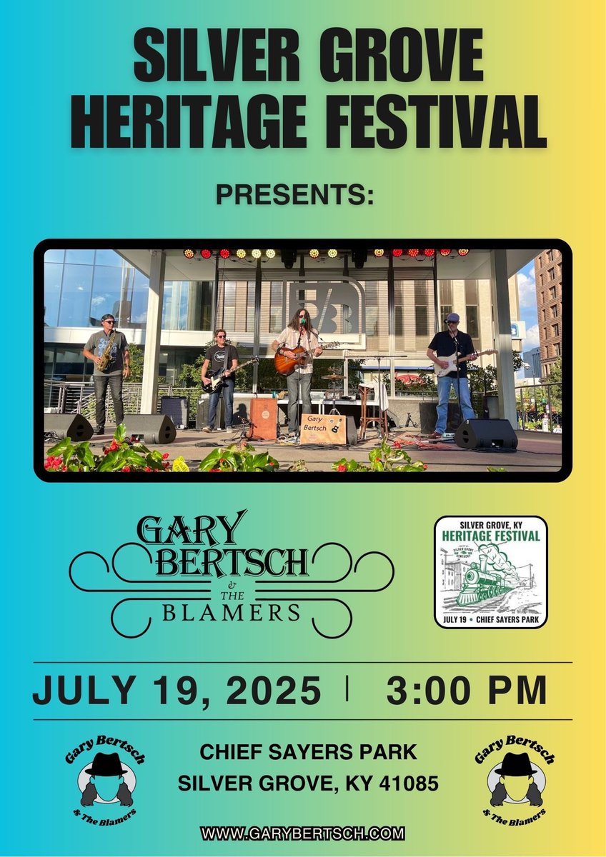 Excited to perform at the The Silver Grove Heritage Festival on Sat, July 19, 3:00 pm.
Joining me are Blamers:  <a href="/garrenb24/">Garren Bertsch</a> , Dan Walsh, &amp; Chris Rebholz.
Let’s go!

#FolkRock #americanamusic #singersongwriter #kentuckymusic #cincinnatimusic