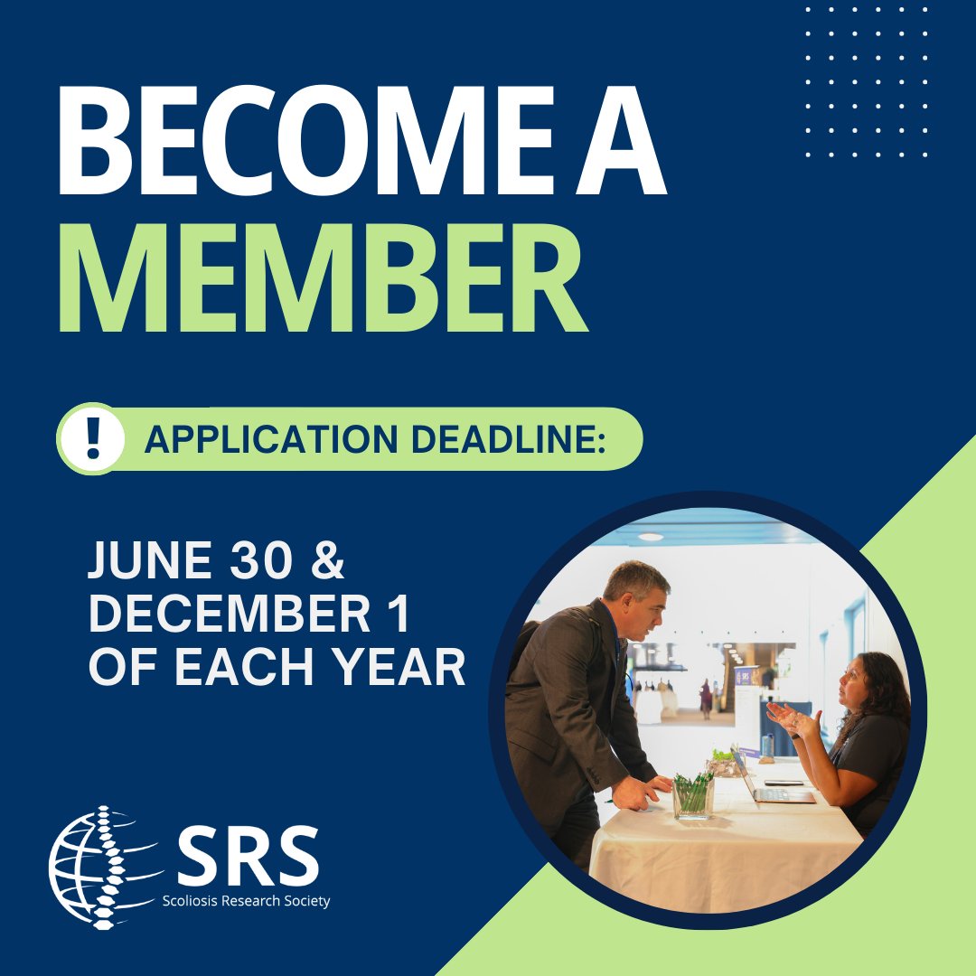 SRS_org's tweet image. Join SRS to discover the value of collective knowledge. The membership application deadlines are June 30 and December 1 of every year. #ScoliosisResearchSociety #SRS #Membership #SpineSurgeons #LeadersInSpineResearch
Apply Now! srs.org/Membership/Bec…