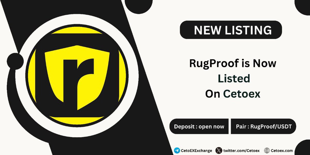 Cetoex's tweet image. 📢 New Listing Alert 🚨
@RugProof_tech (RugProof) will be Listed on #CetoEX!
💎Pair: RugProof/USDT
💎Deposit: Open Now
💎Trading: Open Now
#RugProof #cetoex #newlisting