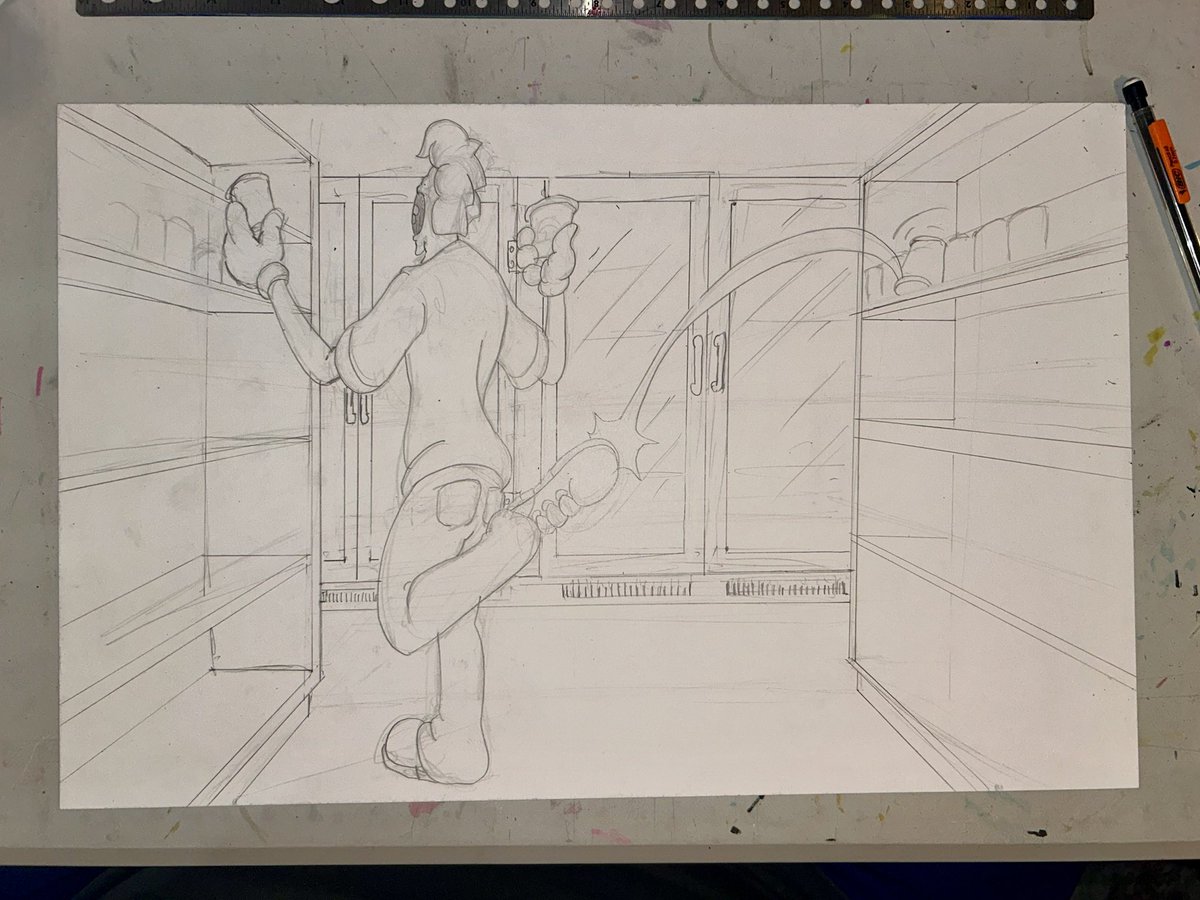 Did this page the other day here is the next page sketched idea to line work now needs details added. Filo Foomp working his afternoon shift at man on the corner drug store.