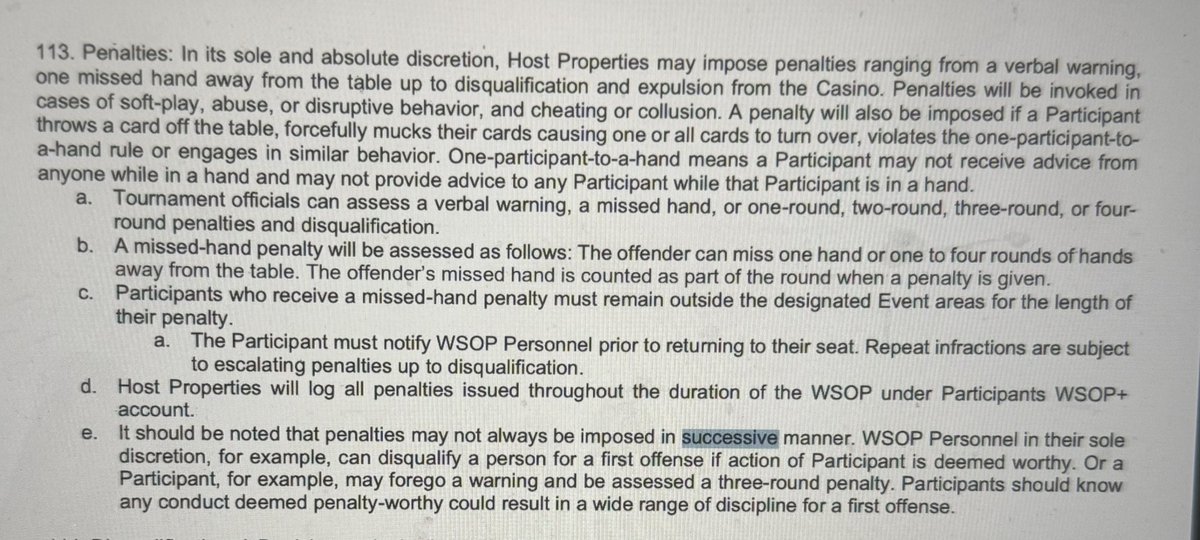lonmceachern's tweet image. From the Official @WSOP Rules. “ chatter “ and “delay of game” are mentioned.