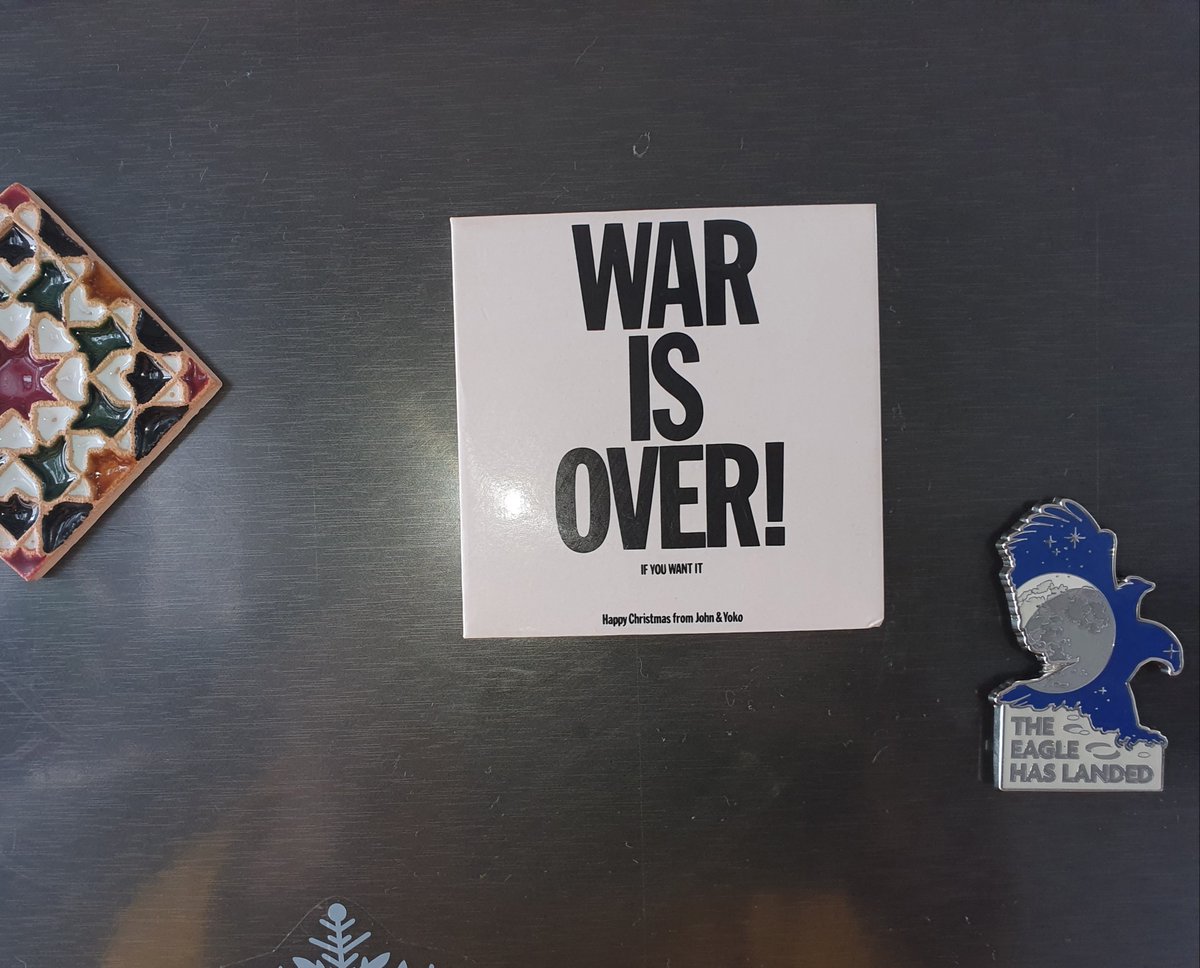 A new fridge magnet,  the Eagle has Landed, goes perfect next to my John &amp; Yoko 'War Is Over!' magnet. #john&amp;yoko #theeaglehaslanded #apollo11 #armstrongaldrincollins