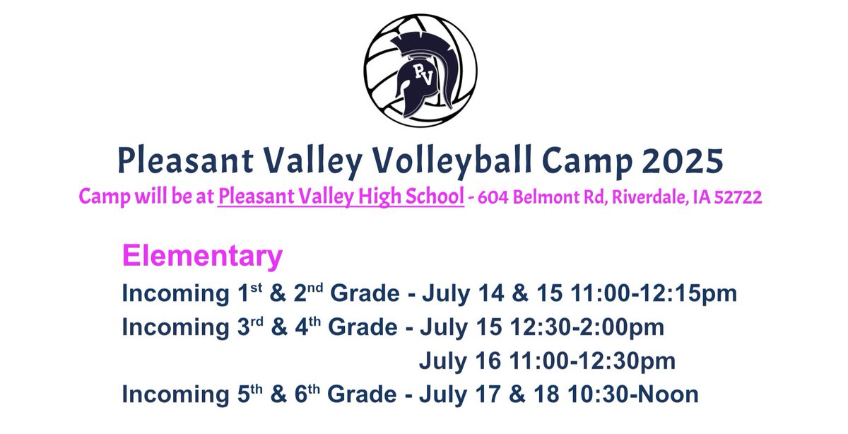 PV Volleyball (@pvvolleyball) on Twitter photo Week #6 (7/14-7/18) PVVB Summer Opportunities!
Monday - Open Gym 8-10am, Weights 10-11am.
Tuesday - Open Gym 8-10am.
Wednesday - Weights 10-11am.
Friday - Open Gym 8-10am. 
Monday-Friday Elementary Camps!
#Consistent #ElementaryCampWeek
Let’s Go Spartans!!😁🩷🏐 Week #6 (7/14-7/18) PVVB Summer Opportunities!
Monday - Open Gym 8-10am, Weights 10-11am.
Tuesday - Open Gym 8-10am.
Wednesday - Weights 10-11am.
Friday - Open Gym 8-10am. 
Monday-Friday Elementary Camps!
#Consistent #ElementaryCampWeek
Let’s Go Spartans!!😁🩷🏐