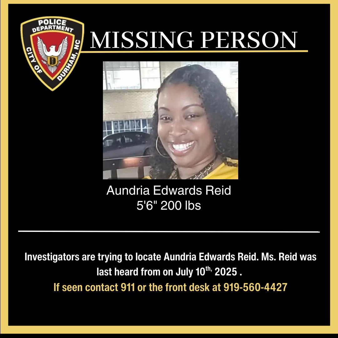 TheDurhamPolice's tweet image. We are looking for Aundria Edwards Reid. Ms. Reid is a 44 year old female, 5'6", 200 lbs. Reid was last known to be operating a white 2015 Chevrolet Tahoe, with license plate of JHW6100.
Anyone with information, is asked to contact 911 or the front desk at 919-560-4427.