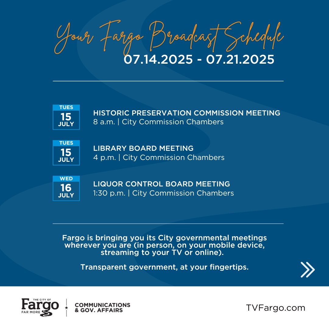 thecityoffargo's tweet image. Team #Fargo will be hosting several broadcasts that we are proud to be bringing to you live.
📺 Cable (Midco and Sparklight) – Channel 56
💻 Livestream online – TVFargo.com or Facebook, YouTube, Apple TV and/or Roku
🔗 On-Demand – FargoND.gov/FarMoreOnDemand