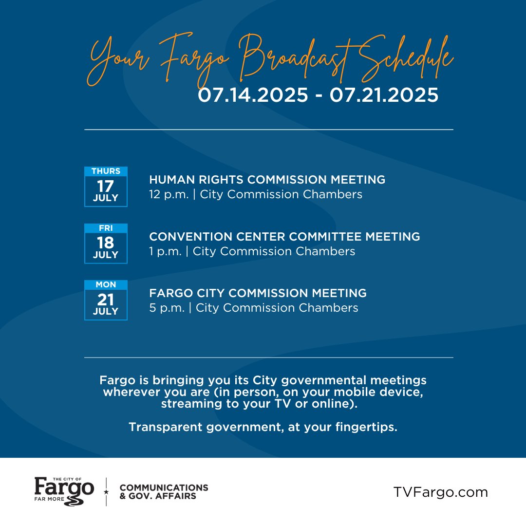 thecityoffargo's tweet image. Team #Fargo will be hosting several broadcasts that we are proud to be bringing to you live.
📺 Cable (Midco and Sparklight) – Channel 56
💻 Livestream online – TVFargo.com or Facebook, YouTube, Apple TV and/or Roku
🔗 On-Demand – FargoND.gov/FarMoreOnDemand