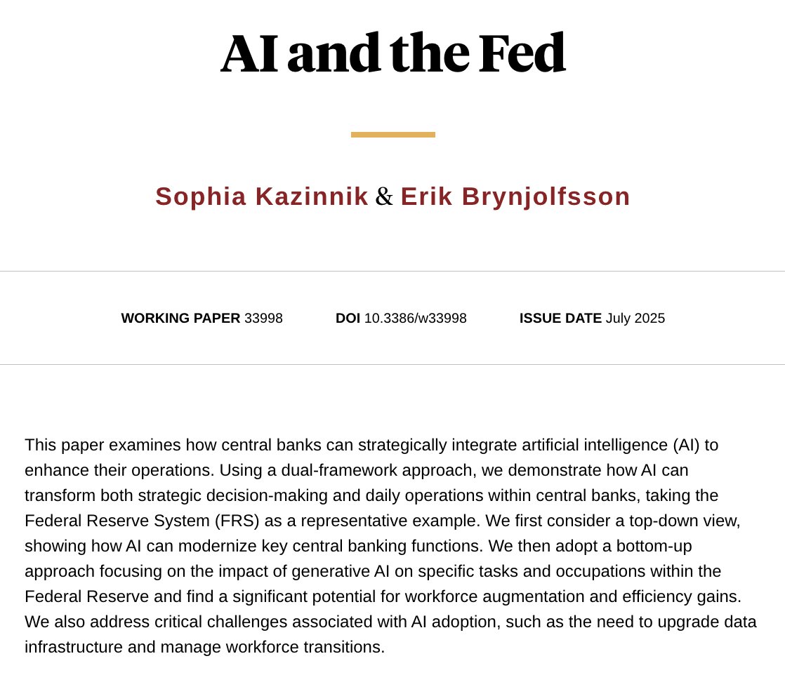 alvaroortiz1968's tweet image. How Central Banks can integrate #AI to enhance their operations? AI & The FED by @SophiaKazinnik & @erikbryn at @nberpubs 👇 nber.org/papers/w33998 @bde_Research @_Herce @lugaricano @AngelUbide @Manuj_Hidalgo @josecdiez @jfjimenoserrano @AsociacionTCEE @rdomenechv @judith_arnal…