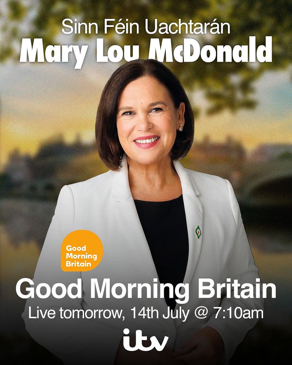 Mary Lou McDonald (@maryloumcdonald) on Twitter photo 📺 I’ll be a guest on <a href="/GMB/">Good Morning Britain</a> tomorrow morning where I’ll be making the case for the reunification of Ireland and discussing a range of important political issues. Tune in! 📺 I’ll be a guest on <a href="/GMB/">Good Morning Britain</a> tomorrow morning where I’ll be making the case for the reunification of Ireland and discussing a range of important political issues. Tune in!